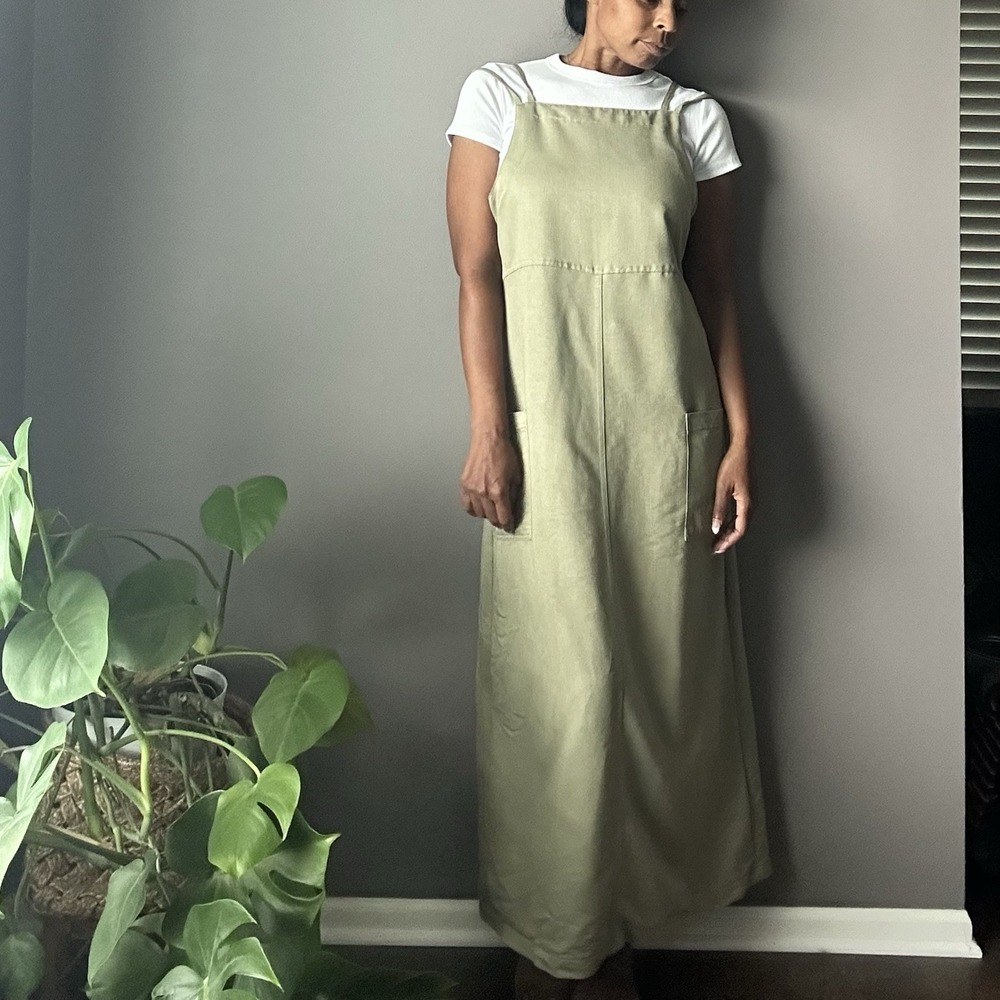 Vintage Maxi Dress Womens Size M Green Double Spaghetti Straps Pockets 90s Mom